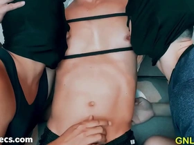 Two Asian boys pleasure a lucky friend with nipple play and muscle worship